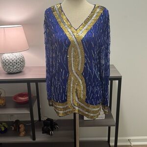 Vintage 80s/90s 100% Silk Sequin Beaded Top – Royal Blue & Gold – Size L